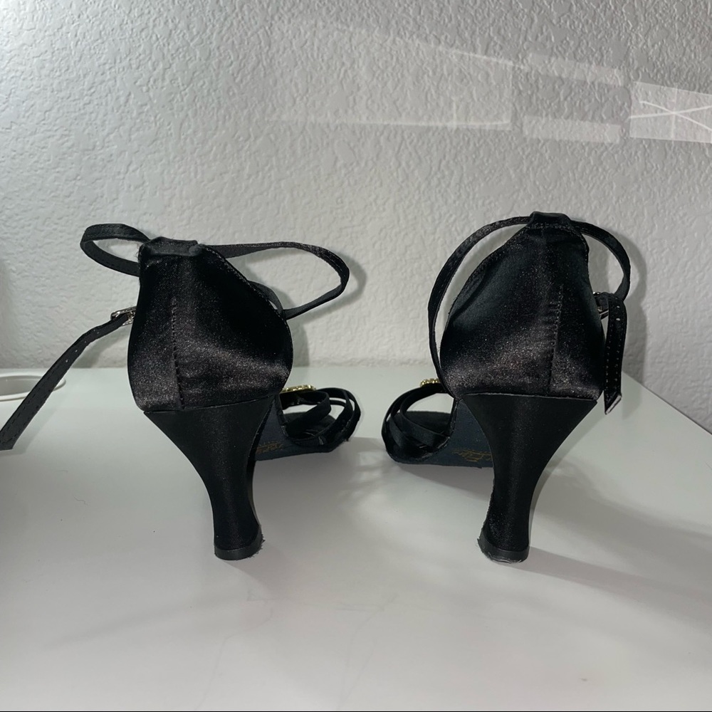 Very Fine Ballroom Salsa Dance Heels - Black Satin with Gold Embellish- Size 7.5 - Picture 5 of 5